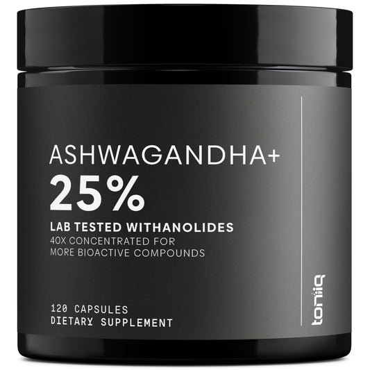 Toniiq Ashwagandha 40:1 extract bottle promotes daily calm and focus.