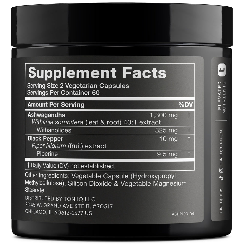 Toniiq Ashwagandha capsules shown for easy daily supplement routine.