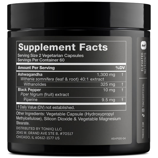 Toniiq Ashwagandha capsules shown for easy daily supplement routine.