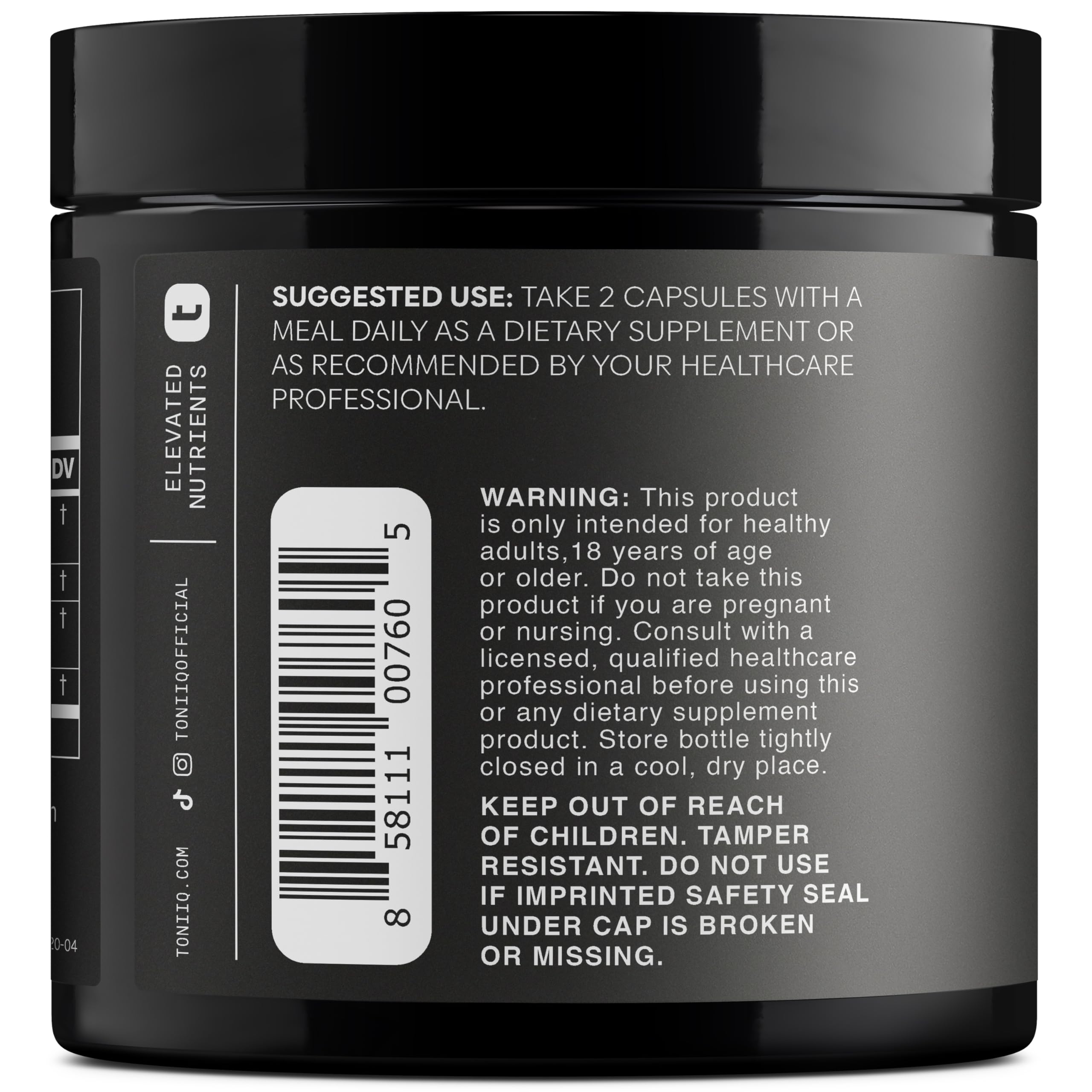 Toniiq Ashwagandha packaging box front showcases dosage and benefits.