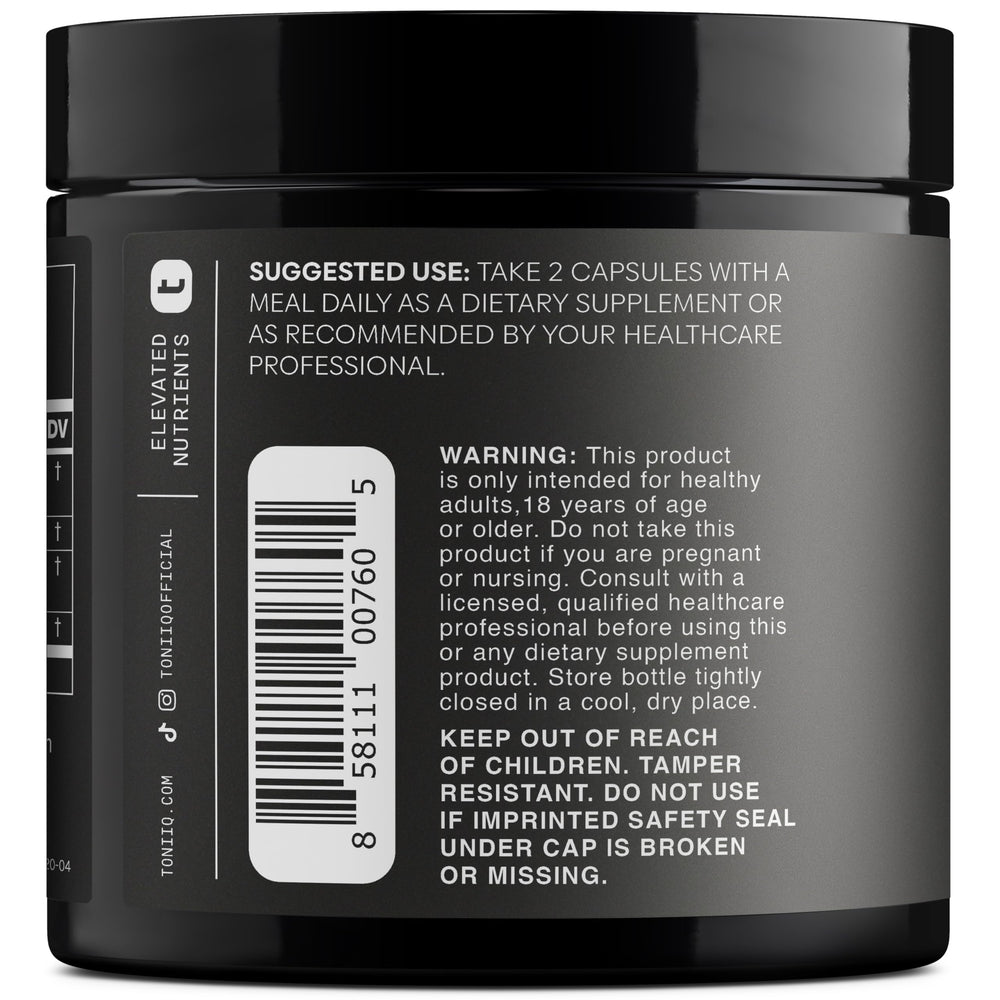 Toniiq Ashwagandha packaging box front showcases dosage and benefits.