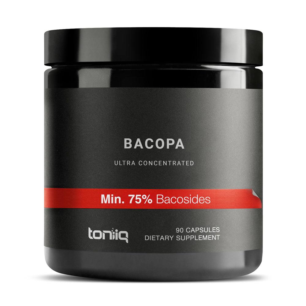 Toniiq Bacopa bottle close-up highlighting 45:1 extract potency for premium supplementation.