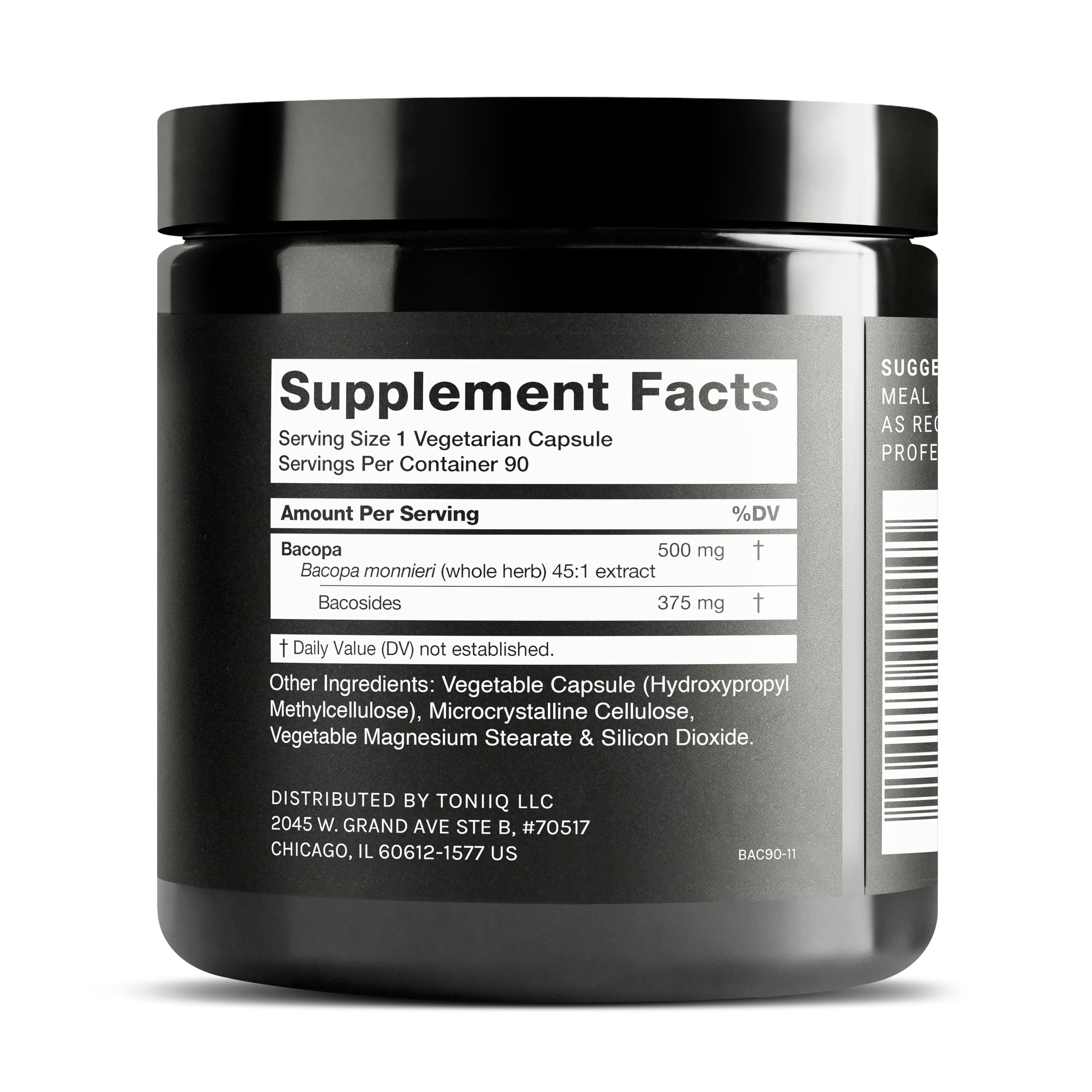 Toniiq Bacopa capsules close-up showing high-strength 500 mg per capsule for daily use.