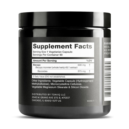 Toniiq Bacopa capsules close-up showing high-strength 500 mg per capsule for daily use.