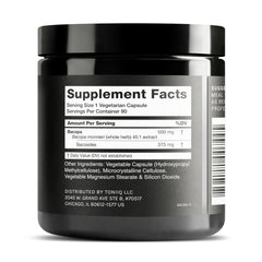 Toniiq Bacopa capsules close-up showing high-strength 500 mg per capsule for daily use.