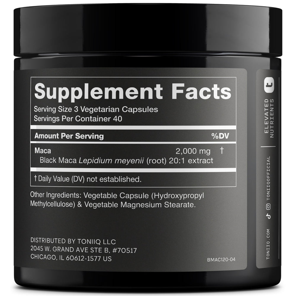 Close-up of Toniiq Black Maca bottle showing 120 capsules for daily use.