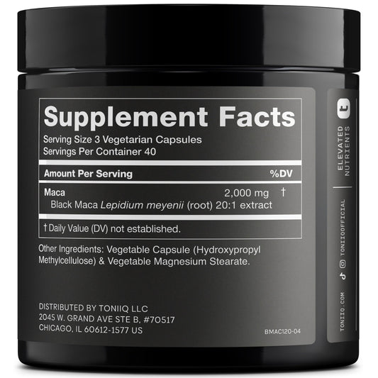 Close-up of Toniiq Black Maca bottle showing 120 capsules for daily use.