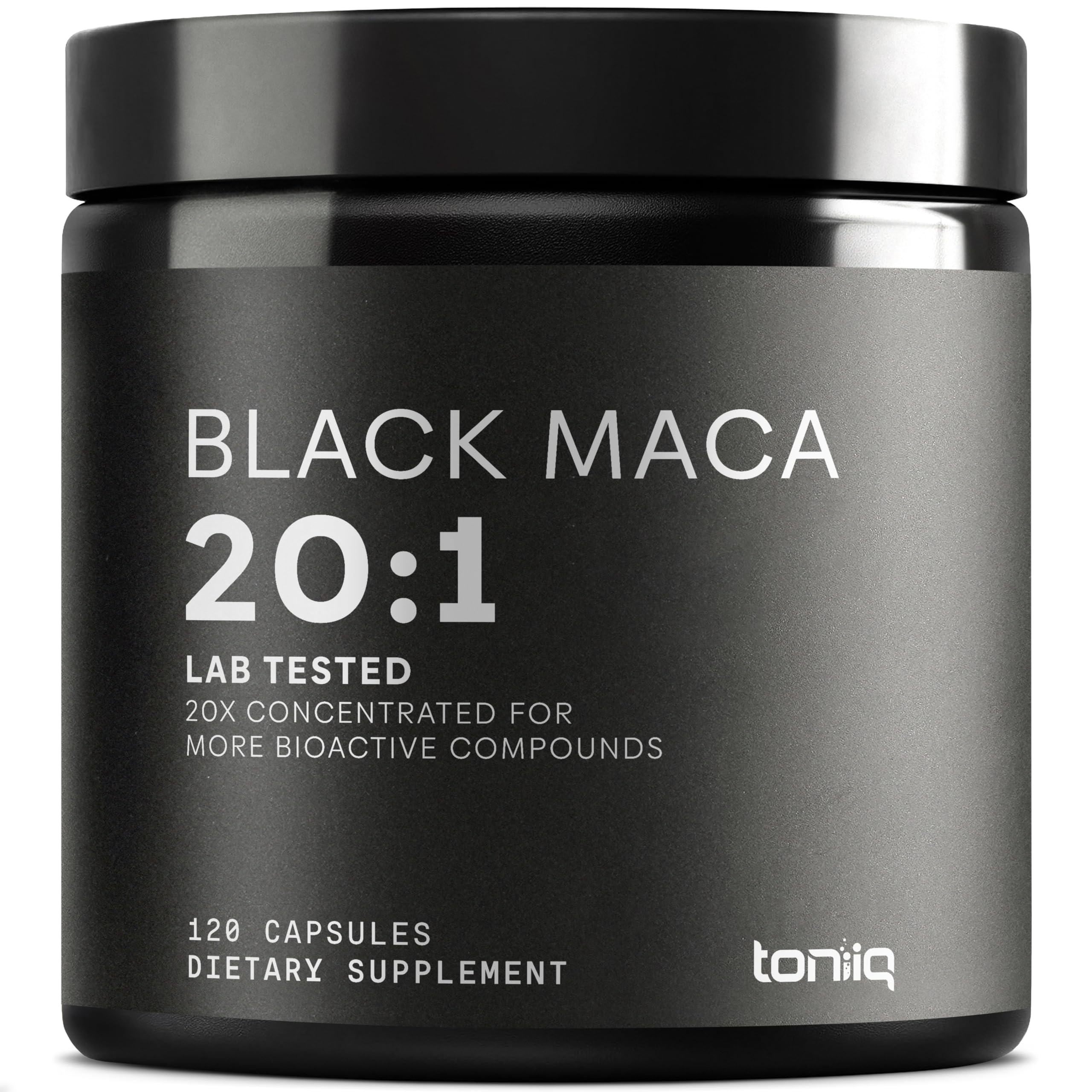 Toniiq Black Maca capsules with label, supporting daily vitality.