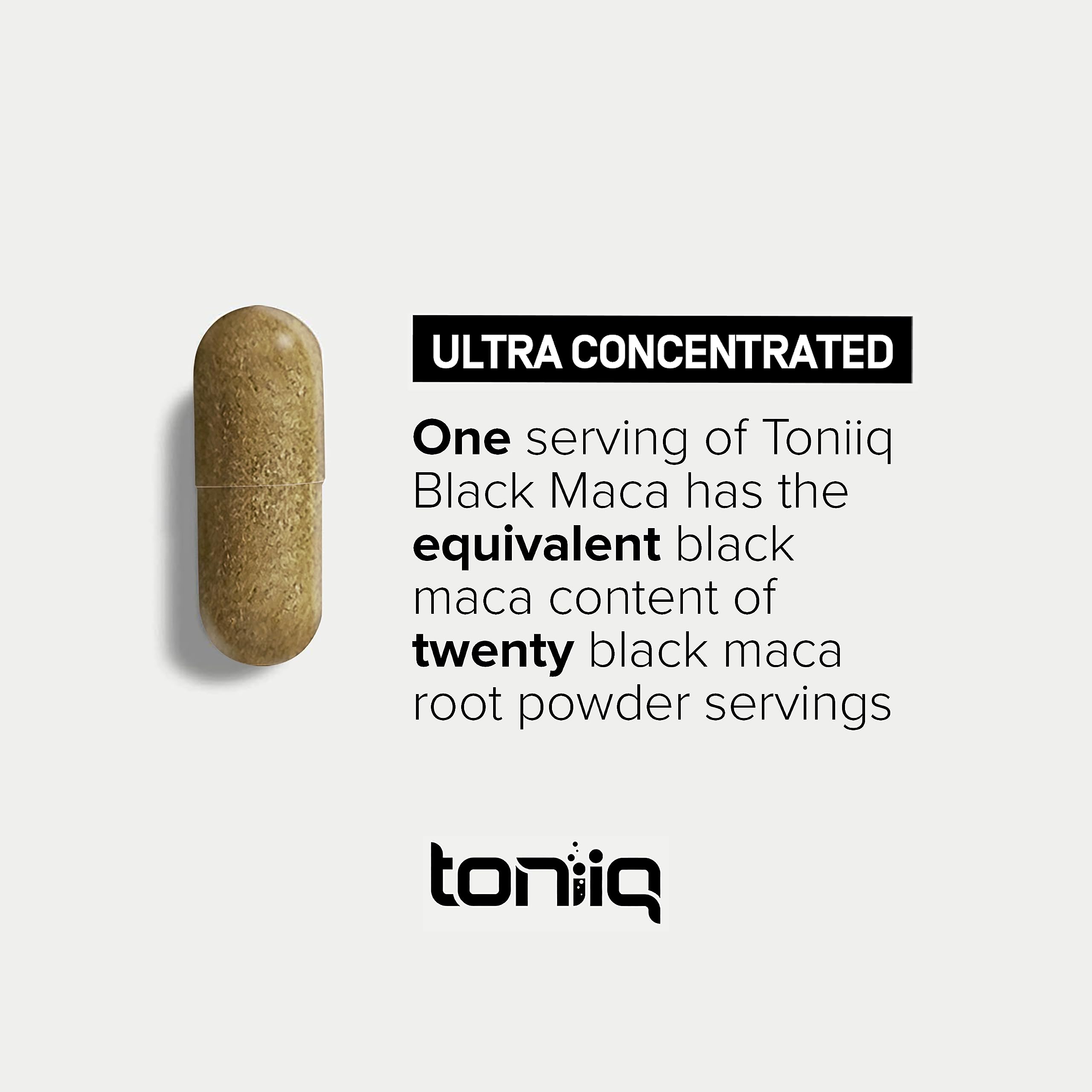 Toniiq Black Maca root powder in capsules, high potency option for daily use.
