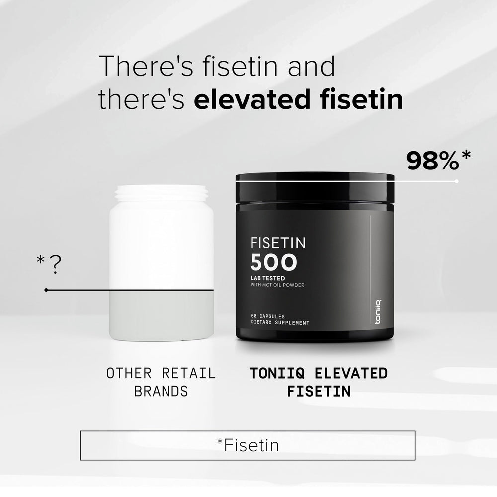 Toniiq Fisetin 500mg bottle back-label provides supplement details and purity standards.