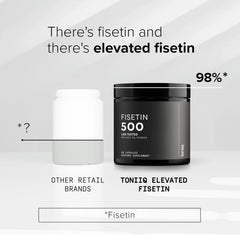 Toniiq Fisetin 500mg bottle back-label provides supplement details and purity standards.