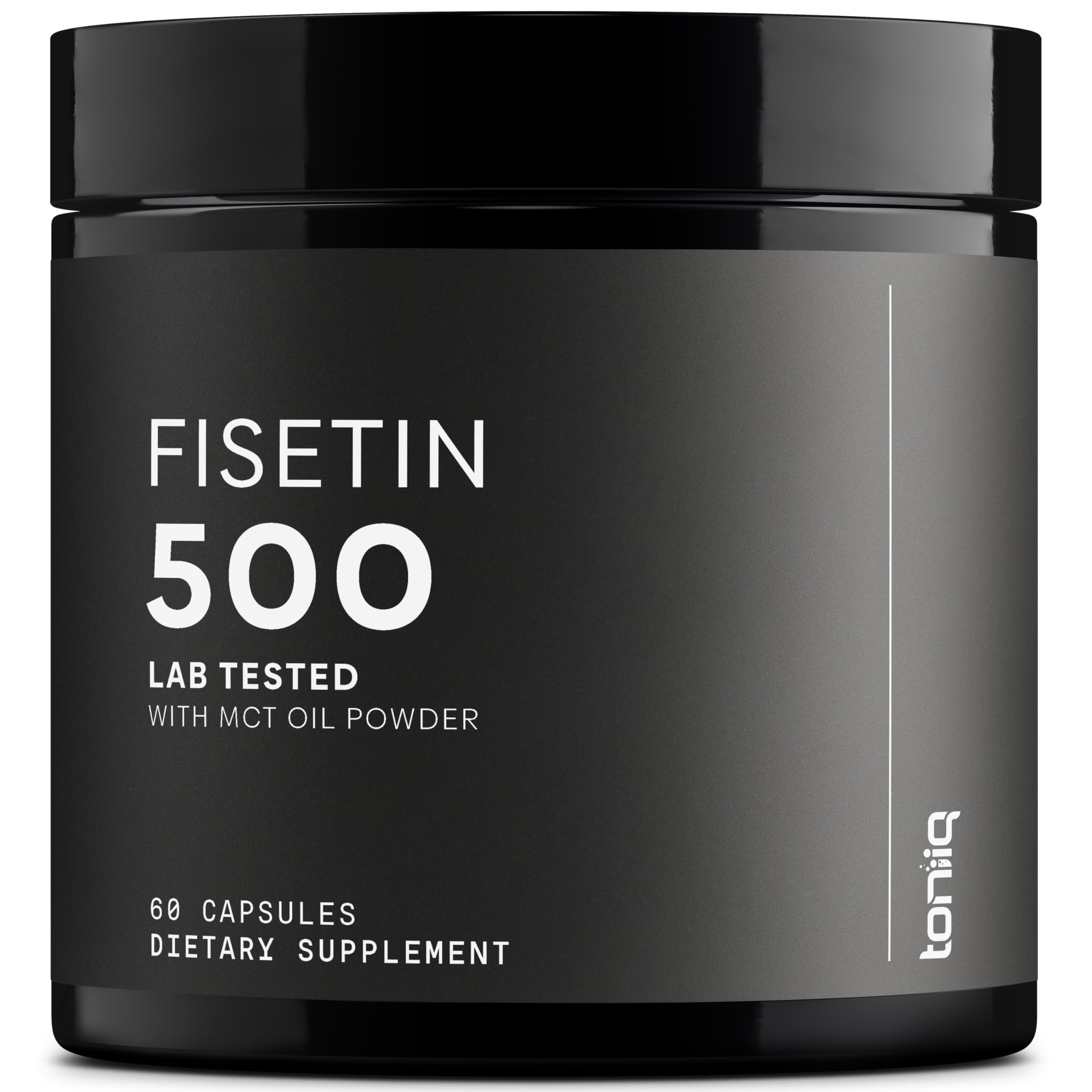 Toniiq Fisetin 500mg bottle pour highlights precise dosing and clean formulation.
