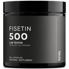Toniiq Fisetin 500mg bottle pour highlights precise dosing and clean formulation.