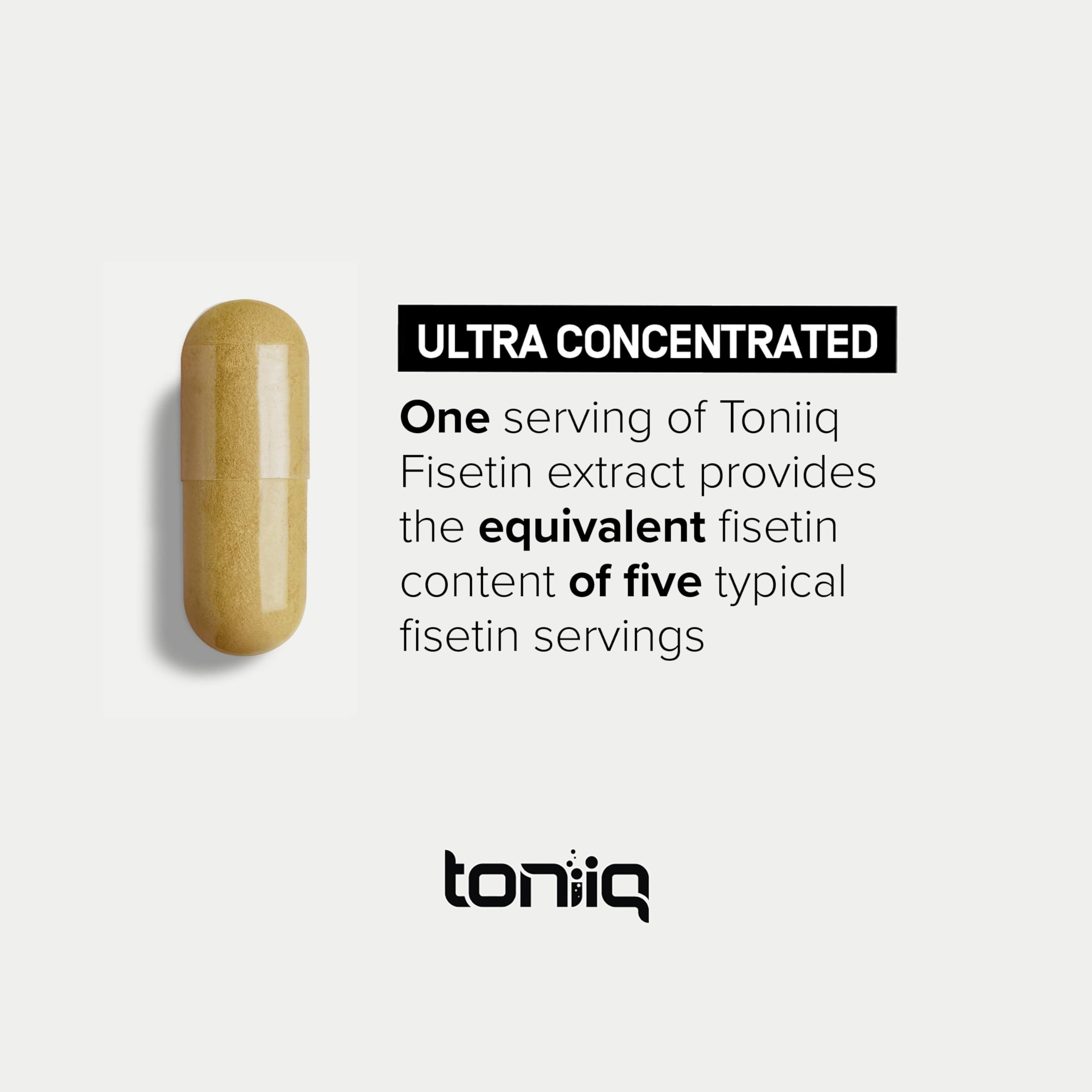 Toniiq Fisetin 500mg packaging box highlights potency and batch testing.