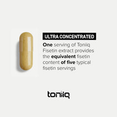 Toniiq Fisetin 500mg packaging box highlights potency and batch testing.