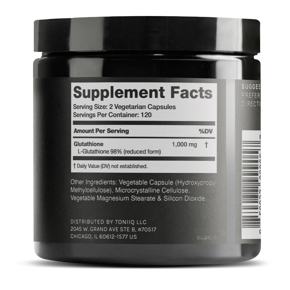 Toniiq glutathione bottle label highlights high purity and potency.