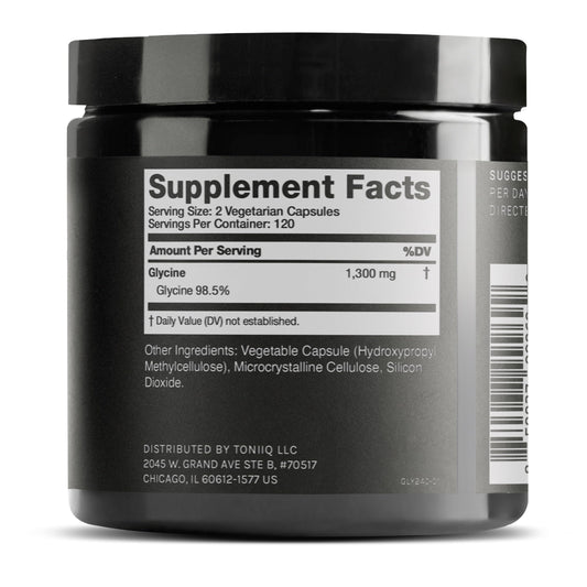 Toniiq Glycine 1300mg capsules bottle side view highlighting quality and purity.
