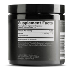 Toniiq Glycine 1300mg capsules bottle side view highlighting quality and purity.