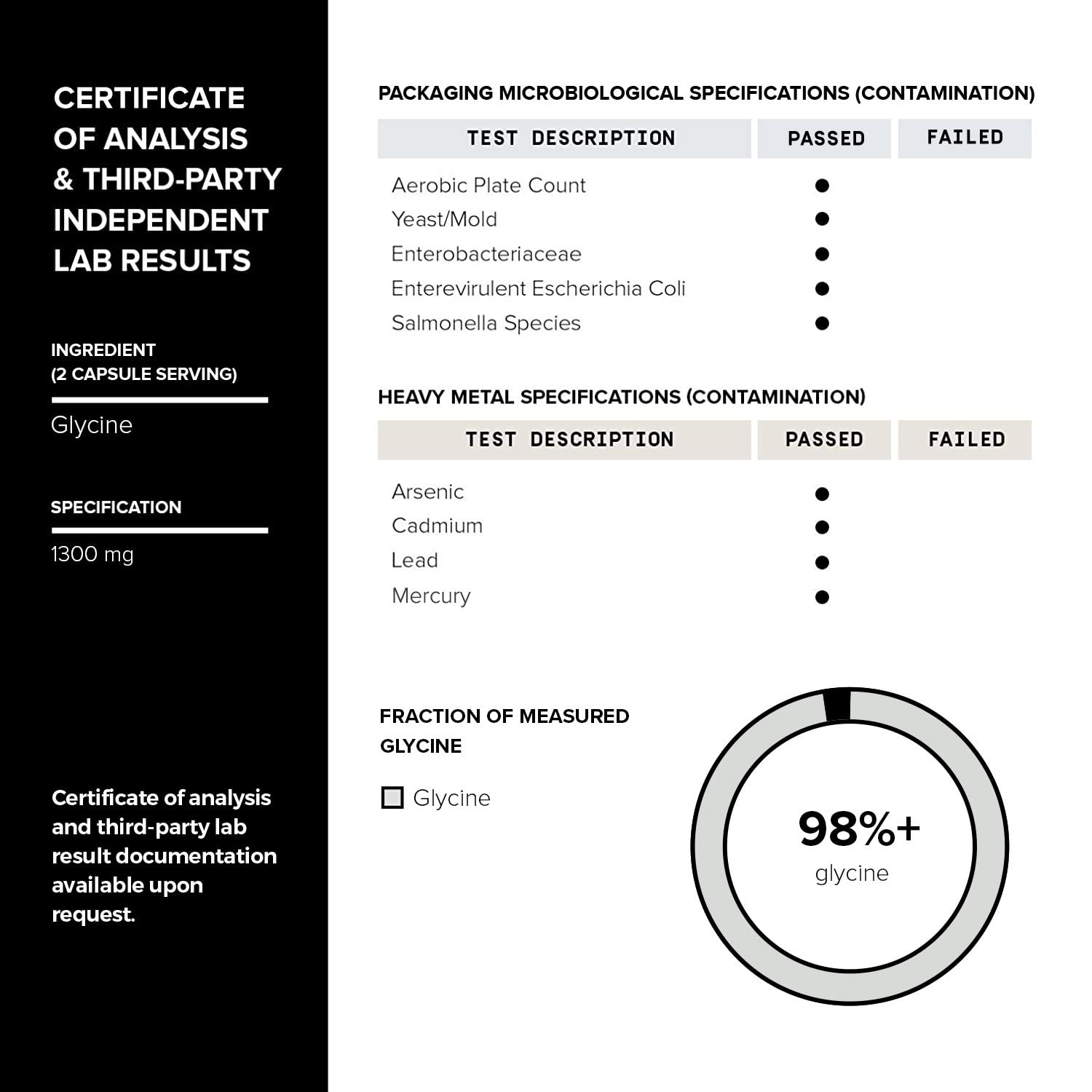Toniiq Glycine 1300mg lab test seal indicating third-party verification.