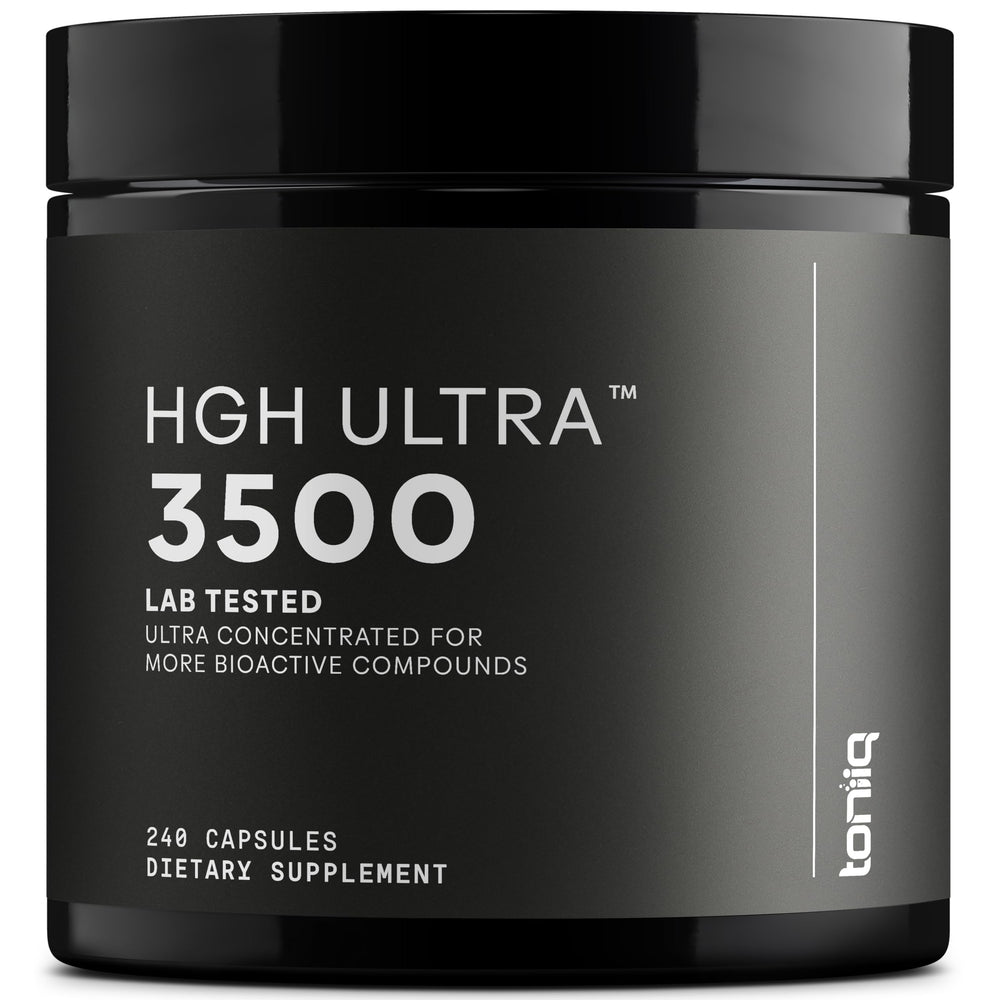 Toniiq HGH supplements bottle with 240 capsules for daily muscle support.