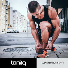 Toniiq HGH ingredients graphic featuring arginine, lysine, ornithine, tribulus, ashwagandha.