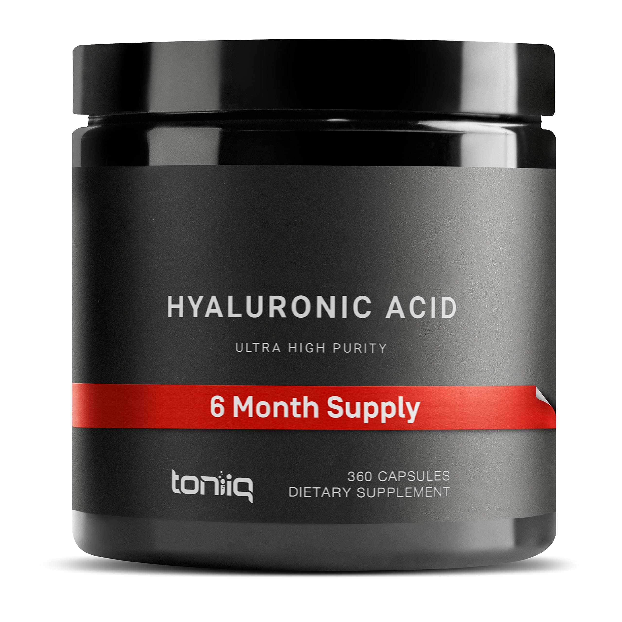 Toniiq Hyaluronic Acid bottle close-up highlighting premium packaging and purity.