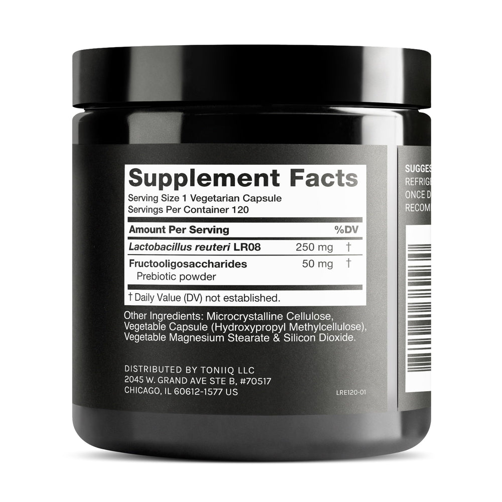 Toniiq L Reuteri capsules close-up highlighting vegetarian formula