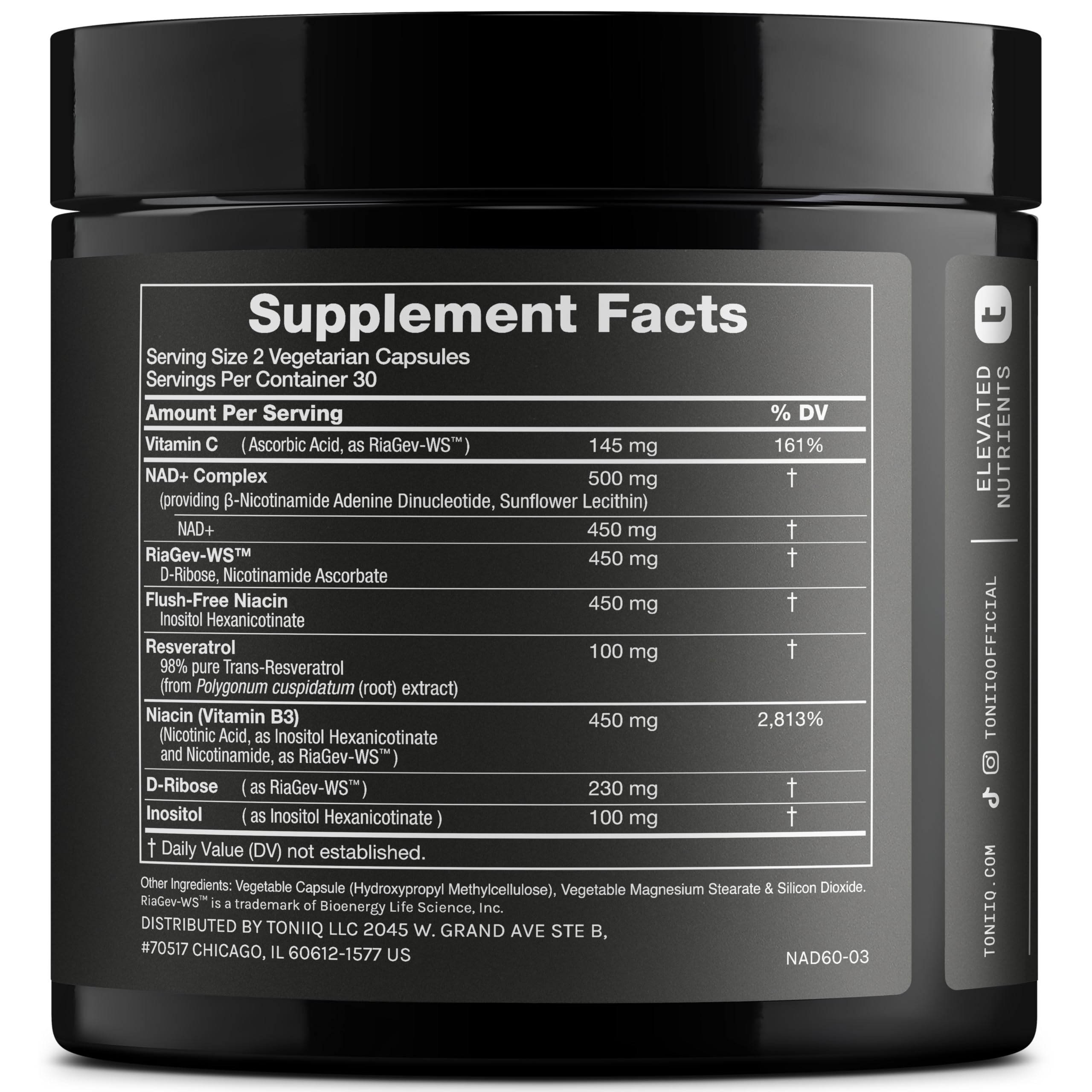 Toniiq bottle back label nutrition facts for transparency