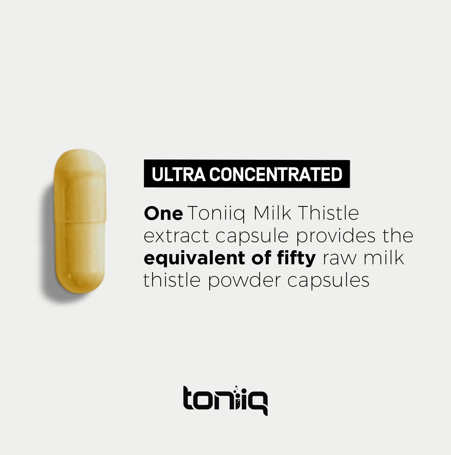 Toniiq Milk Thistle label graphic communicates 50:1 extract ratio