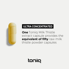 Toniiq Milk Thistle label graphic communicates 50:1 extract ratio