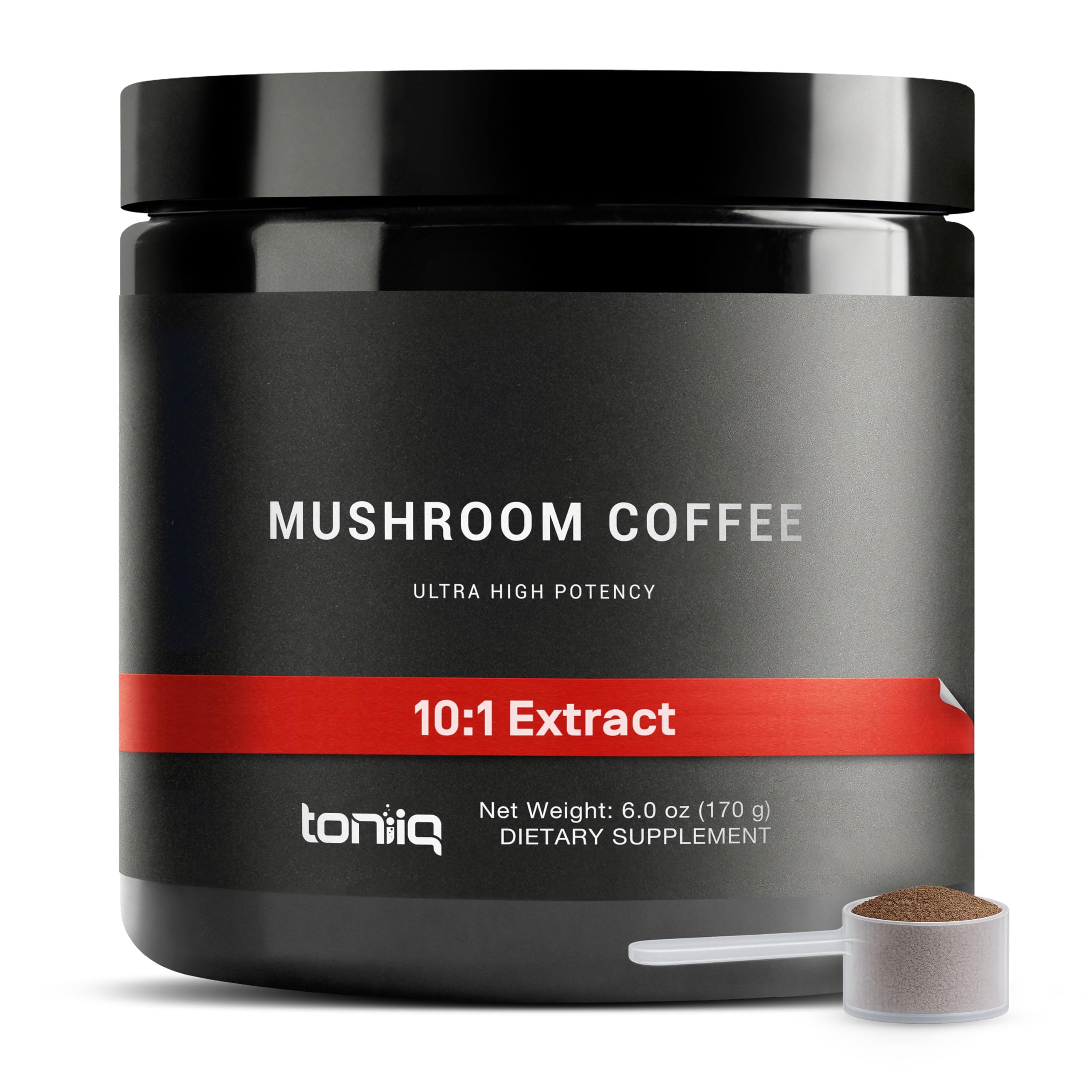 Toniiq Mushroom Coffee jar with 10-mushroom blend for daily focus.