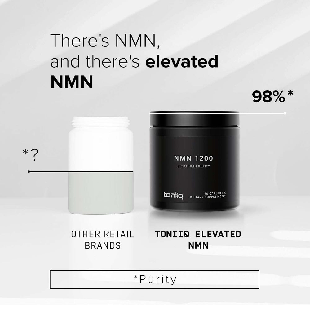 Toniiq NMN bottle label detail emphasizing 98 percent purity