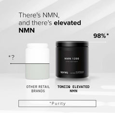 Toniiq NMN bottle label detail emphasizing 98 percent purity