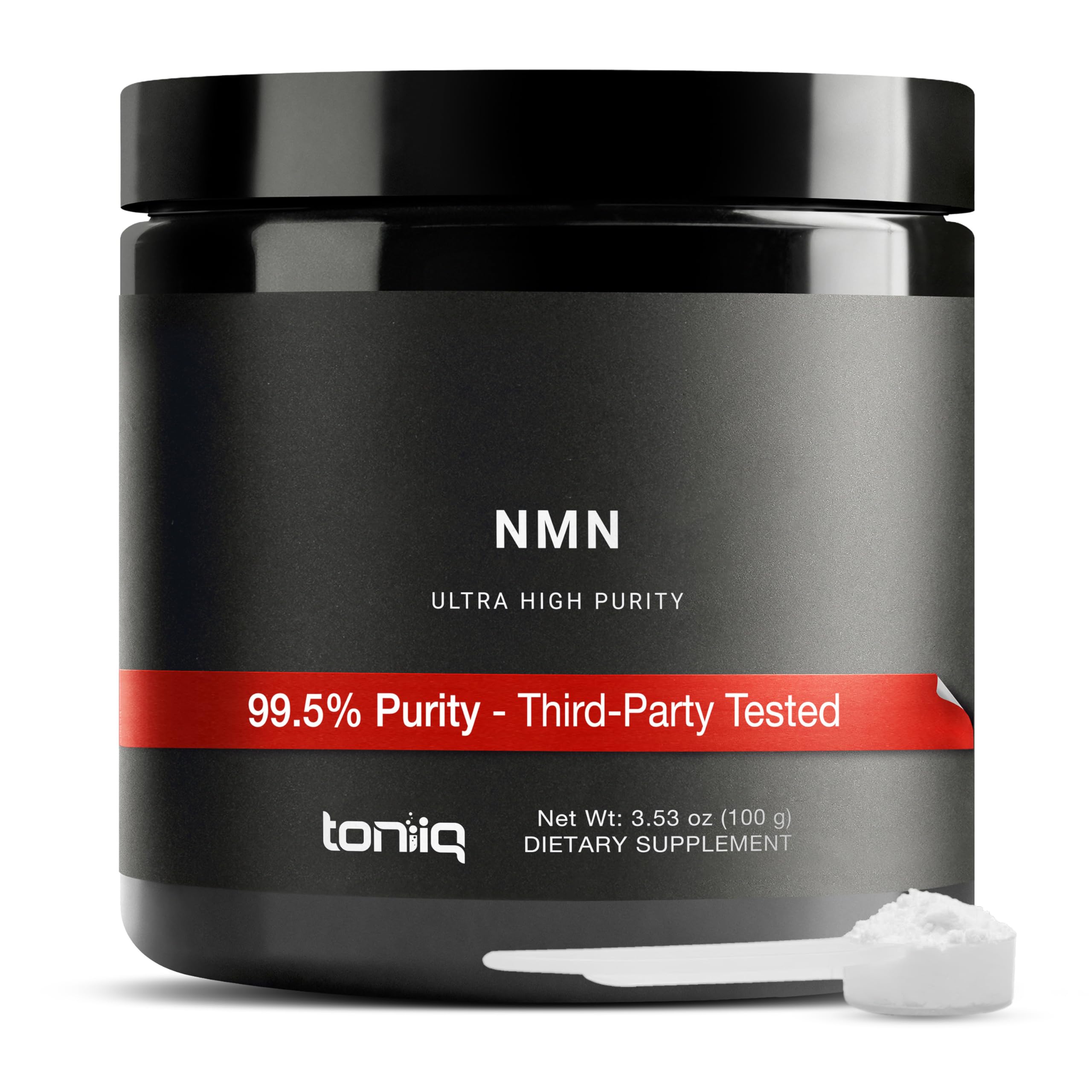 Toniiq NMN powder bottle shows 99.5% purity for potential energy support.