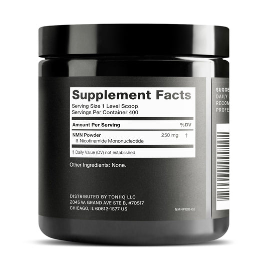 Toniiq NMN powder jar closeup highlights premium quality and stability.