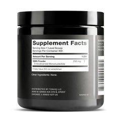 Toniiq NMN powder jar closeup highlights premium quality and stability.
