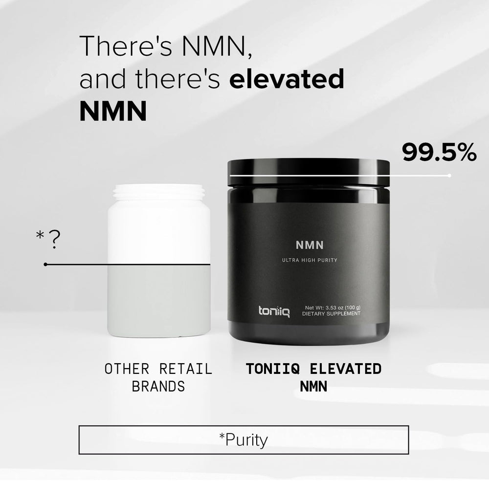 Toniiq NMN powder label detail emphasizes stabilized, shelf-stable packaging.