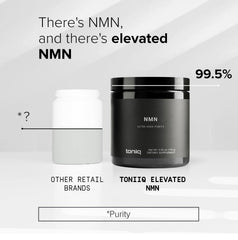 Toniiq NMN powder label detail emphasizes stabilized, shelf-stable packaging.