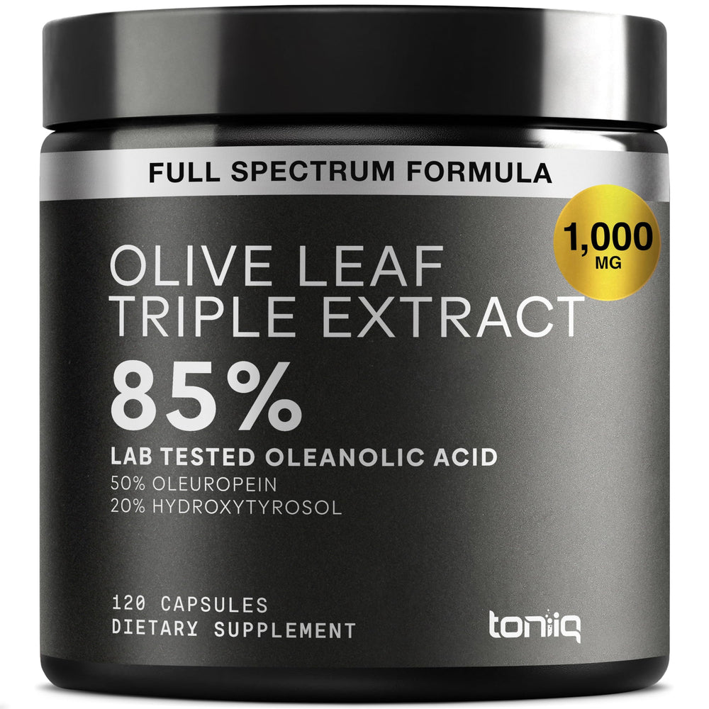 Toniiq Olive Leaf Extract Complex bottle close-up highlighting purity and potency for daily use.