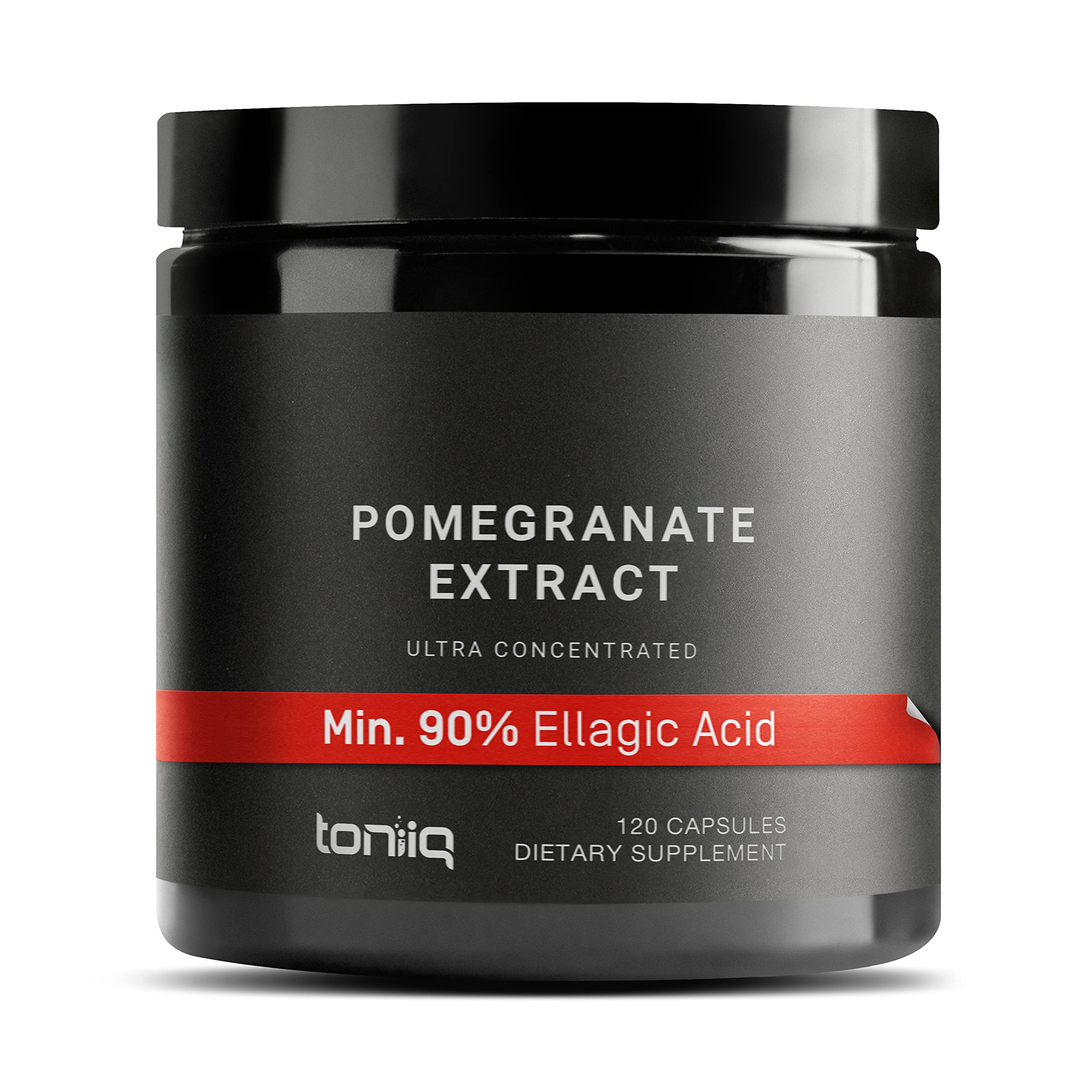 Toniiq Pomegranate Extract bottle highlighting 90% ellagic acid content for daily support.
