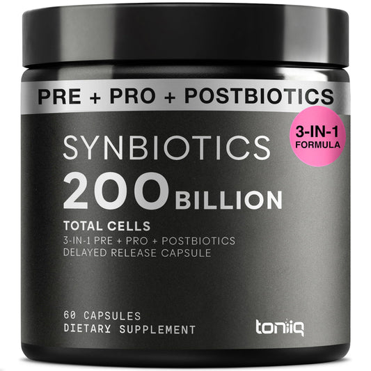 Toniiq bottle with capsules supporting daily gut balance
