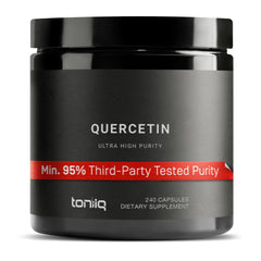 Toniiq Quercetin capsules in bottle show 1000mg serving for easy daily intake.