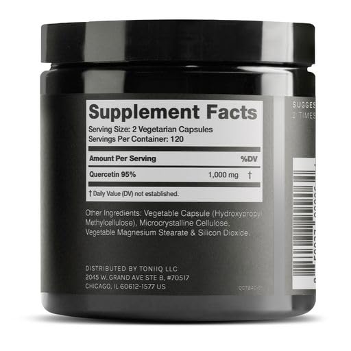 Toniiq Quercetin capsules pour image highlights quick, tidy dispensing.