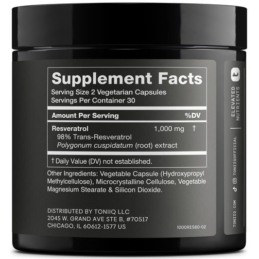 Toniiq resveratrol capsule close-up highlights 1000mg potency