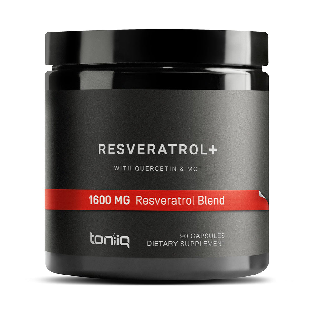 Toniiq Resveratrol Blend bottle front with premium NAD+ support potential.