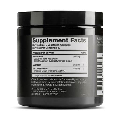Toniiq Resveratrol Blend bottle side label shows purity and third‑party testing.