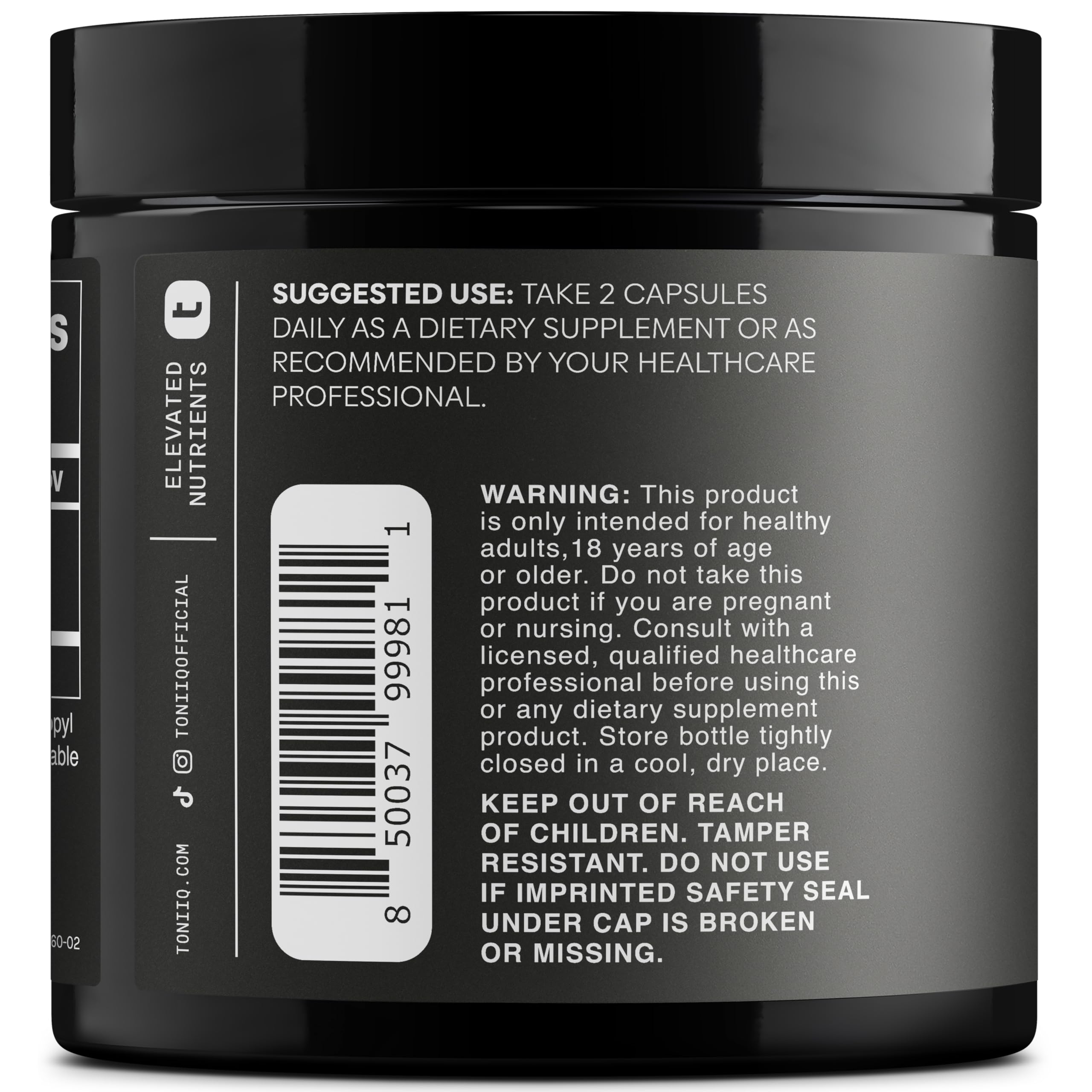 Toniiq resveratrol packaging with third-party testing seal signals trusted quality