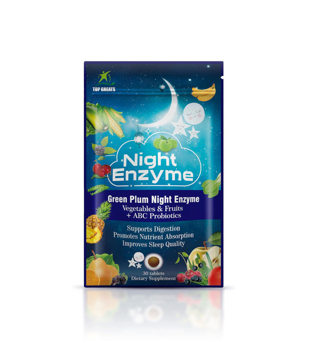 TOP GREATS Night Enzyme tablets arranged for nightly use.
