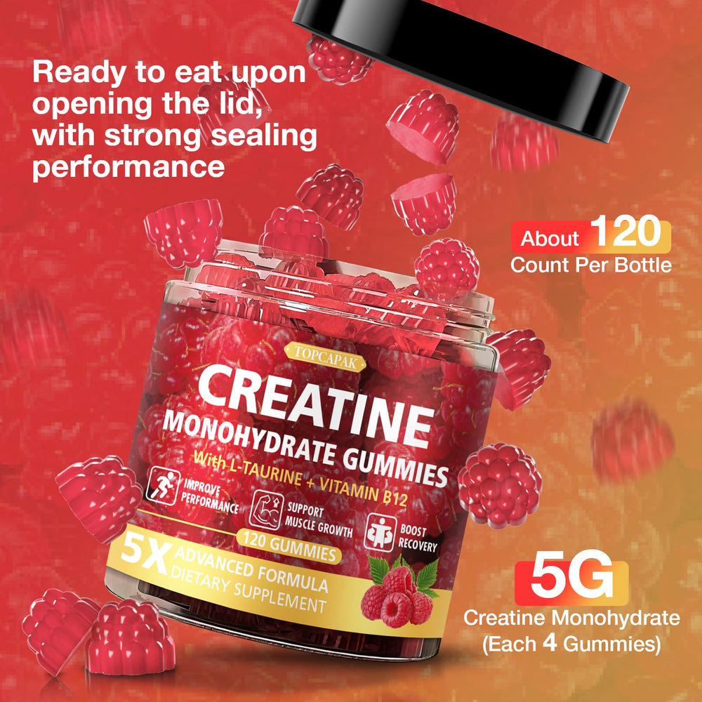 TopCAPAK Creatine Gummies raspberry-shaped bottle scene shows 120 gummies