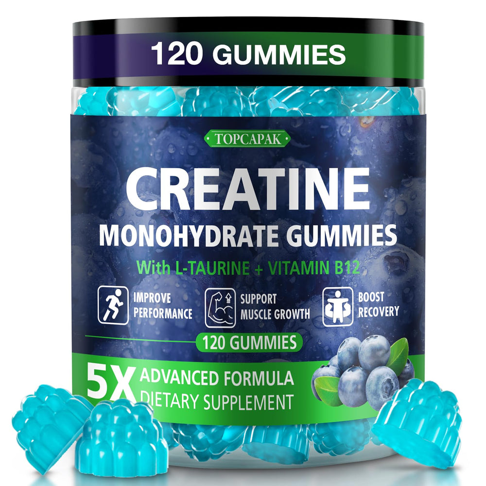TOPCAPAK Creatine Gummies bottle showcases blueberry flavor and convenient daily servings.